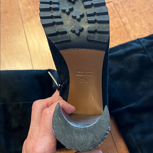 Black suede and shearling lined knee high boots with heels - Picture 2 of 16